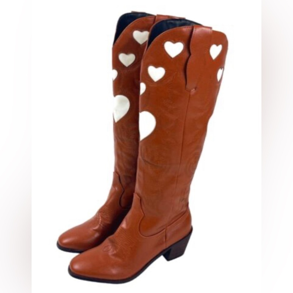 Size 11 brown mid calf chunky heel heart cowboy boots